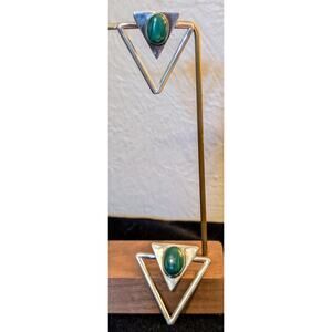 Vintage Navajo Handmade Sterling Silver Malachite Geometric Large Earrings
